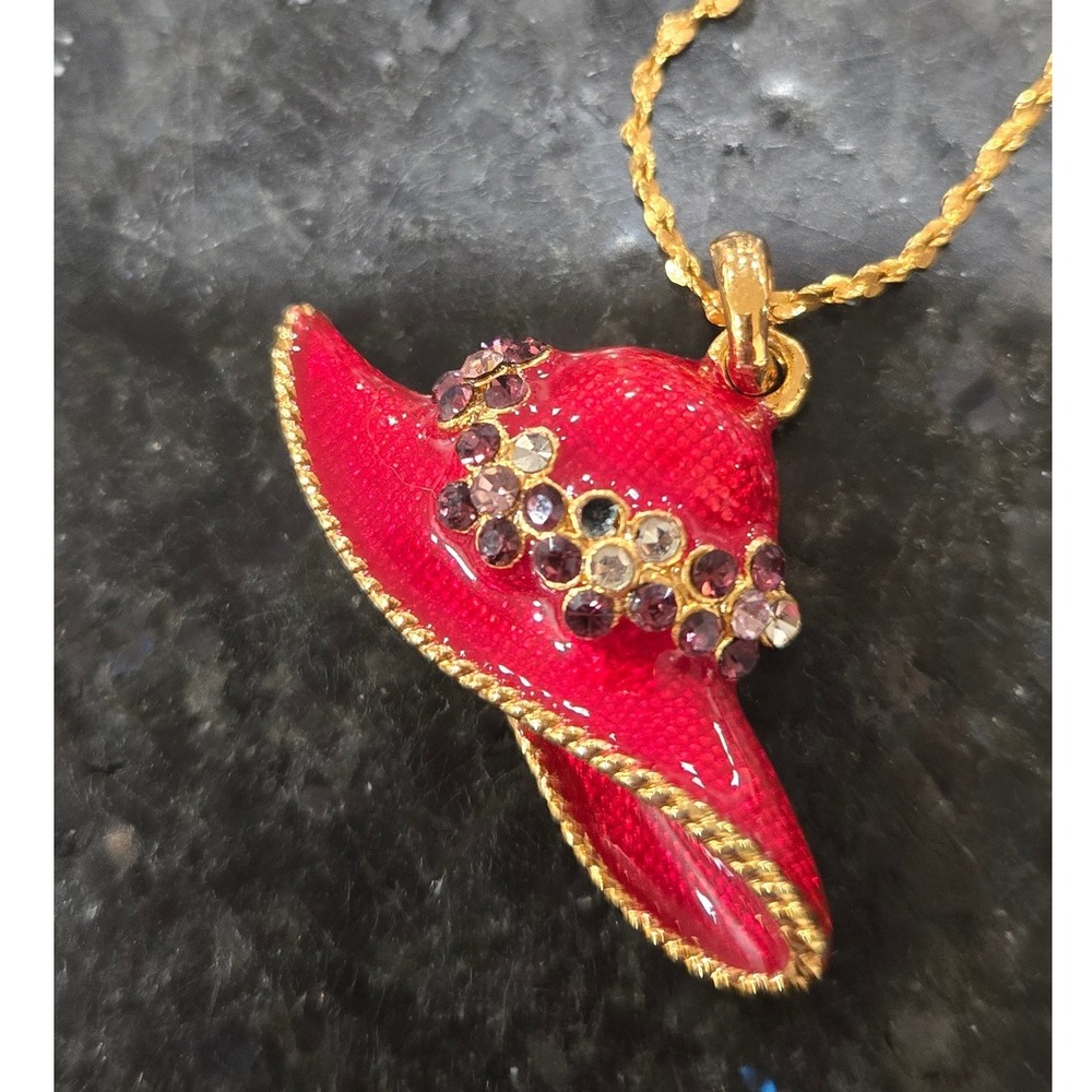 Vintage Red Enamel Sun Hat Pendant Necklace Gold Tone Purple Rhinestone 18-20 In